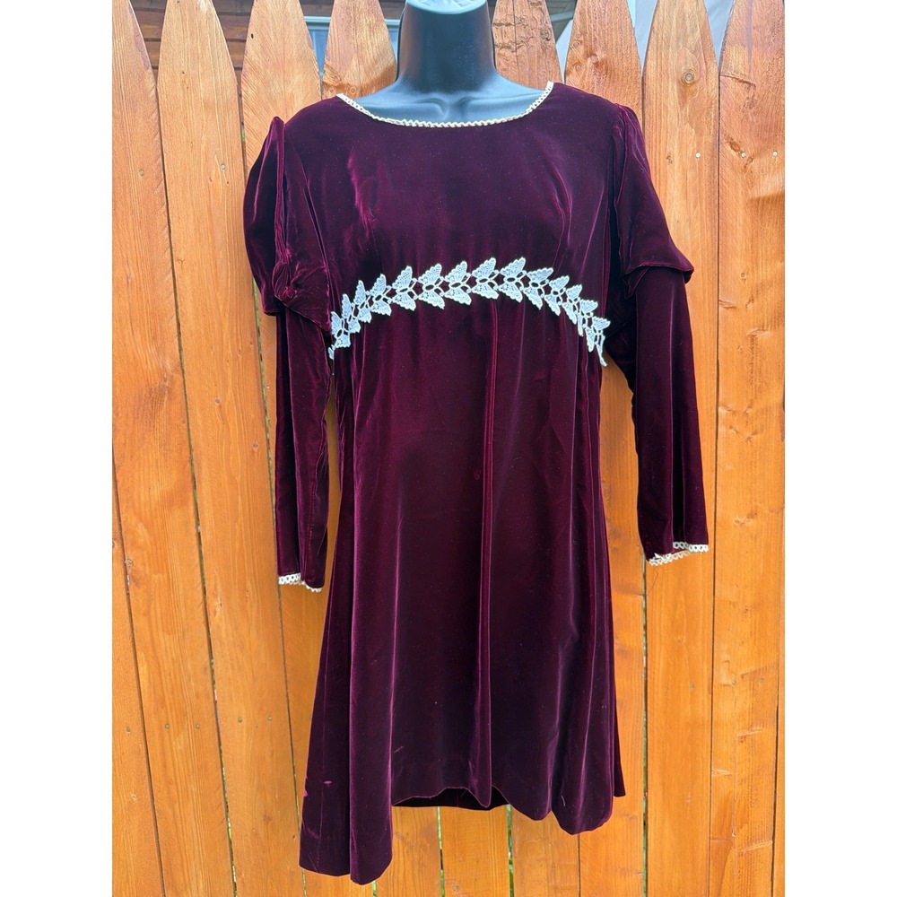 Vintage 60s 70s Renaissance Revival Burgundy Velvet Mini Dress Butterfly Lace